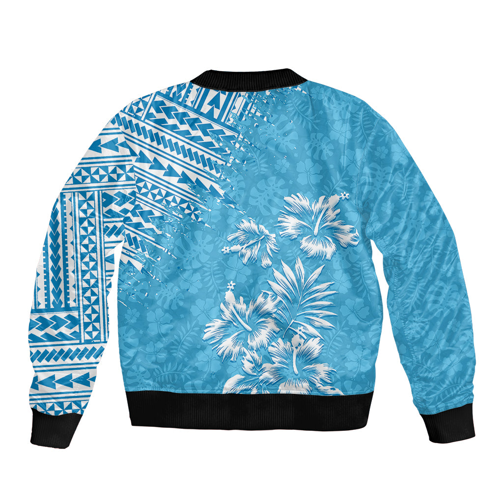 Unisex light blue bomber jacket with large palm flowers and tribal print on sleeves