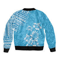 Unisex light blue bomber jacket with large palm flowers and tribal print on sleeves