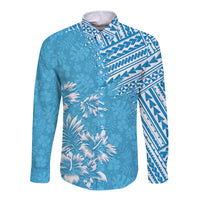 Blue long-sleeve button shirt with tropical palm and geometric print, camp collar