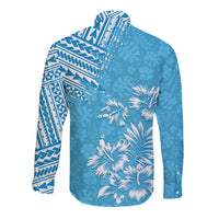 Blue long-sleeve button shirt with palm trees and geometric stripe print, collared