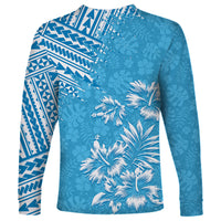 Unisex long-sleeve blue shirt with tropical palm print and tribal stripe panel