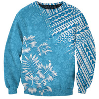 Unisex light blue sweatshirt with tropical palm print and tribal geometric panels