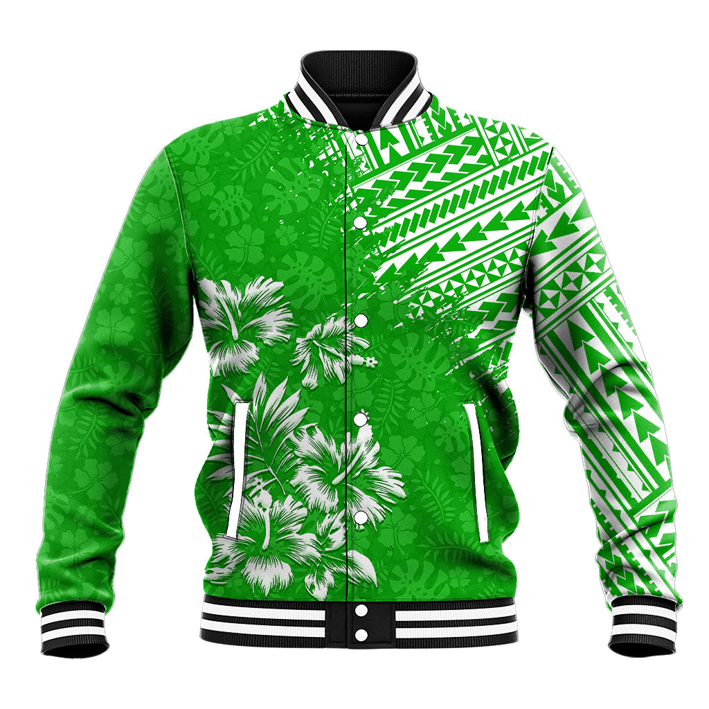 Green tropical baseball jacket with Polynesian print, snap buttons, ribbed collar & cuffs