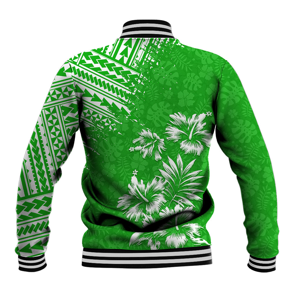 Green tropical baseball jacket back view with Polynesian print, ribbed hem & striped cuffs