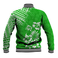 Green tropical baseball jacket back view with Polynesian print, ribbed hem & striped cuffs