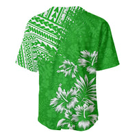 Green tropical baseball jersey with white geometric yoke and palm print, short sleeves