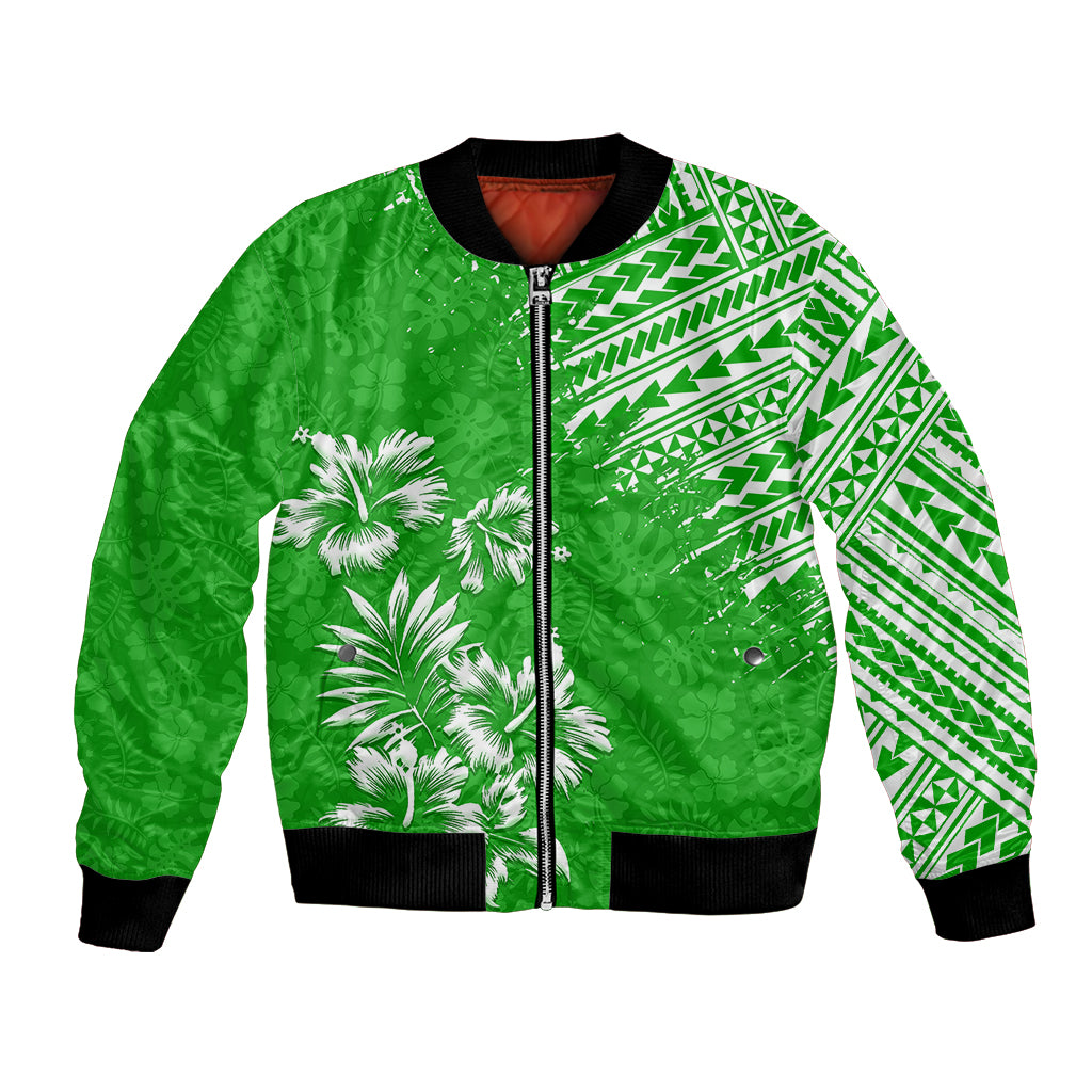 Green bomber jacket with white palm prints and tribal pattern, black ribbed cuffs