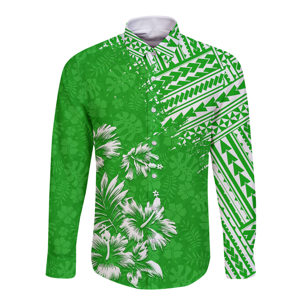 Green long-sleeve button shirt with tropical leaf and tribal pattern print, camp collar