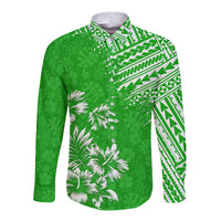 Green long-sleeve button shirt with tropical leaf and tribal pattern print, camp collar