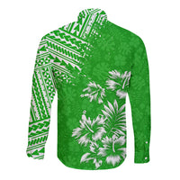 Green long-sleeve button shirt with tribal stripe panel and white palm floral print