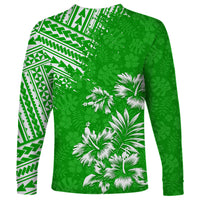 Unisex long sleeve shirt, green with white palm leaves and tribal geometric accents