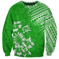 Green tropical graphic sweatshirt with white palm and geometric pattern