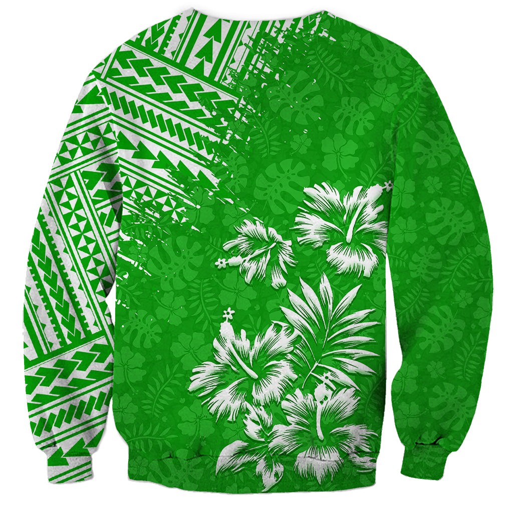 Green tropical sweatshirt with white palm trees and side geometric print