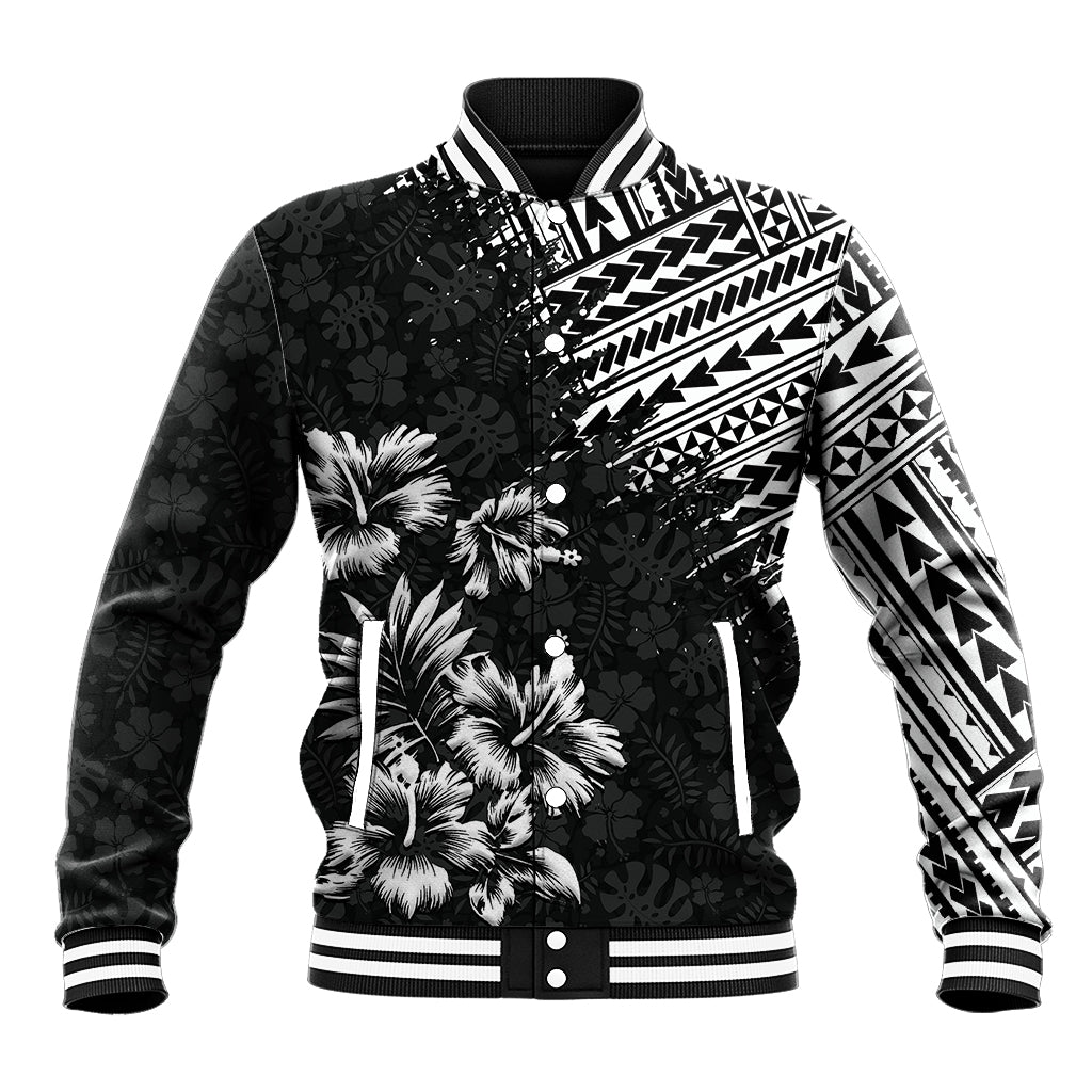 Black baseball jacket with white tropical floral and tribal print, snap button front.