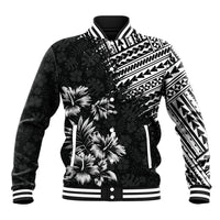 Black baseball jacket with white tropical floral and tribal print, snap button front.
