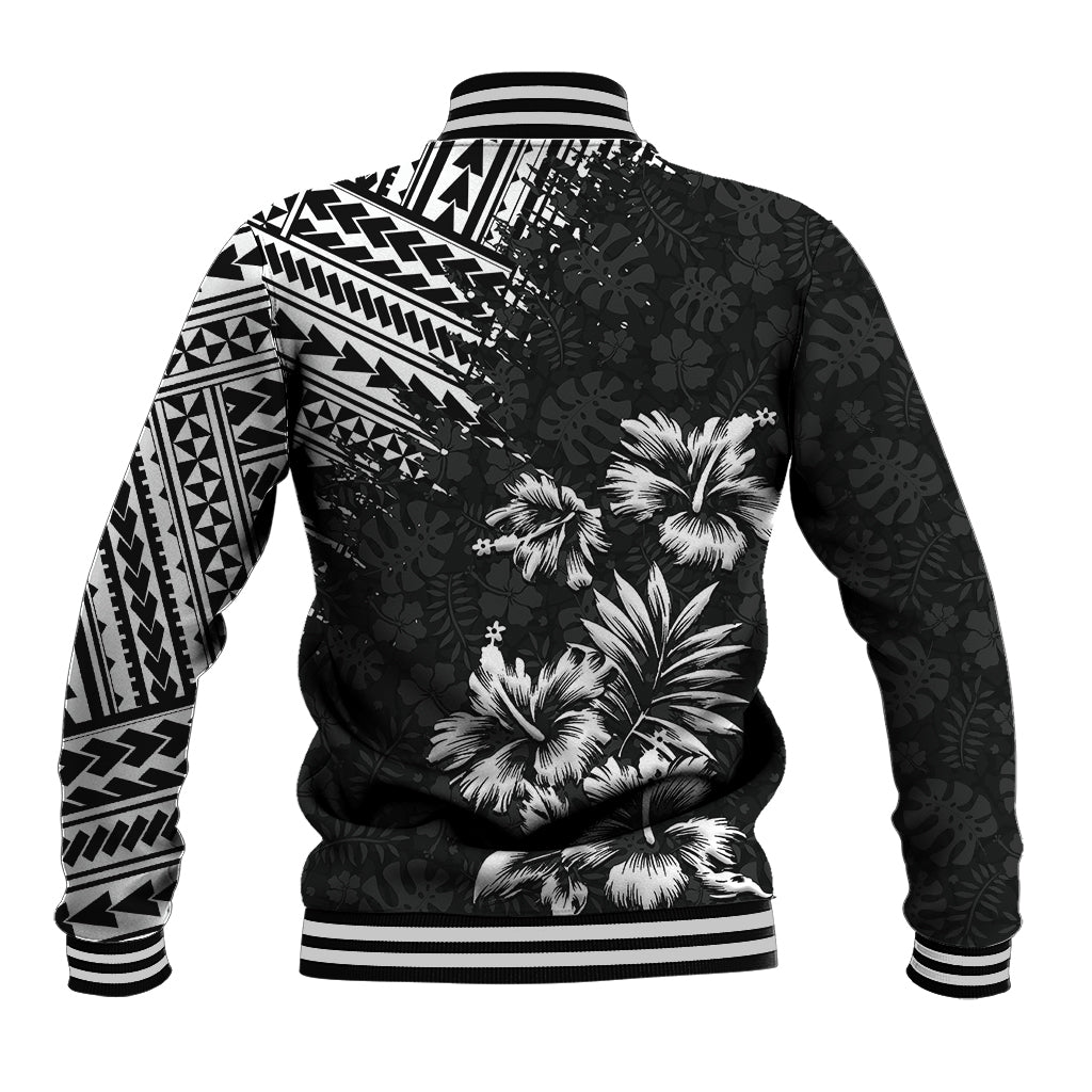 Black baseball jacket with white tropical floral and geometric tribal sleeves, ribbed hem.