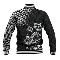 Black baseball jacket with white tropical floral and geometric tribal sleeves, ribbed hem.
