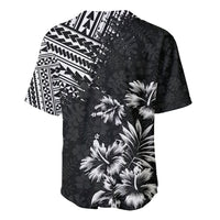 Black baseball jersey with full floral print and geometric stripe panel, short sleeves