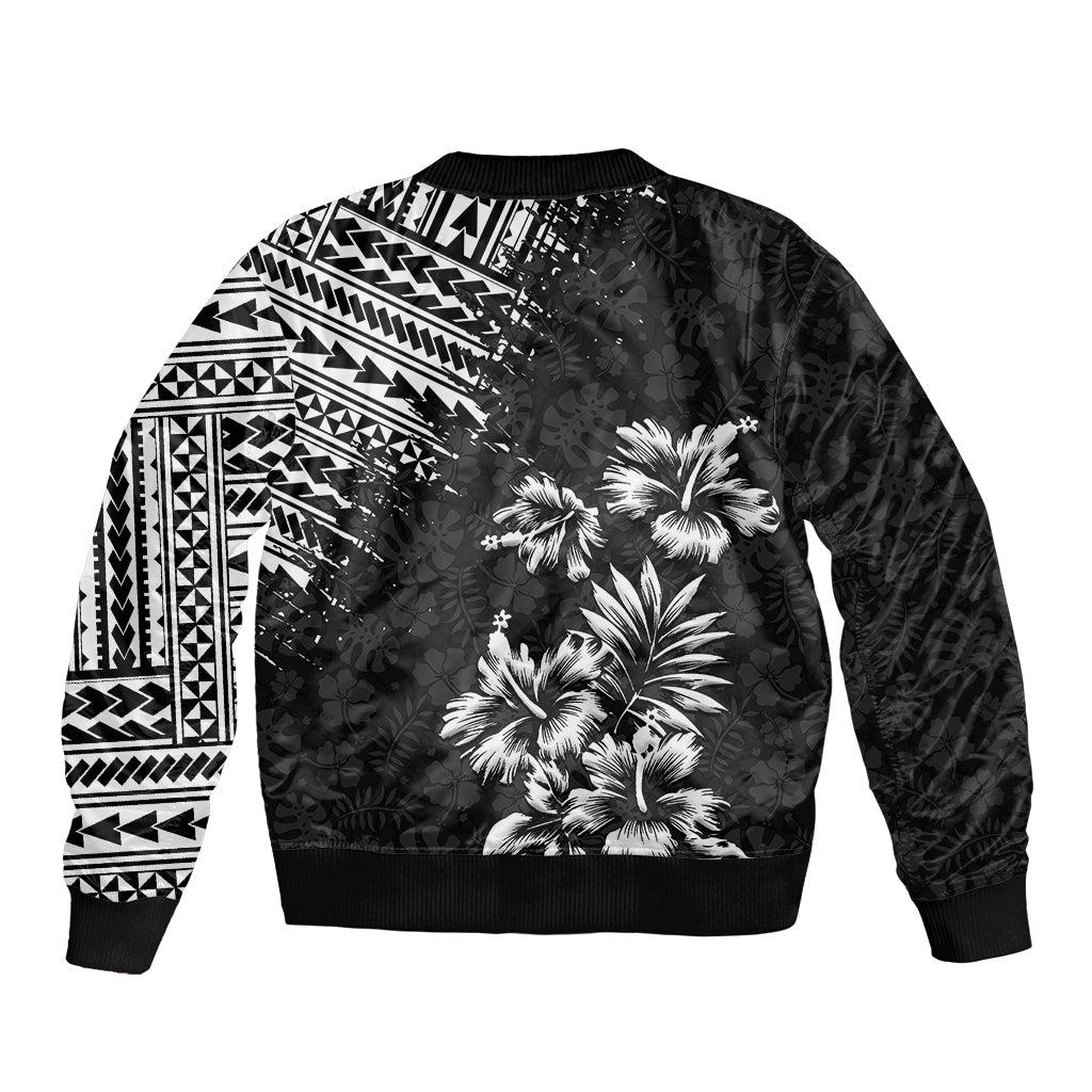 Black unisex bomber jacket back with tribal geometric sleeves and palm-flower print