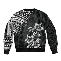 Black unisex bomber jacket back with tribal geometric sleeves and palm-flower print