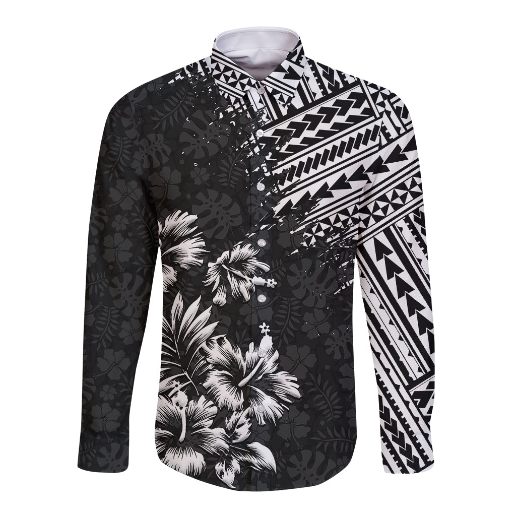 Black long-sleeve button shirt with white floral and geometric tribal print