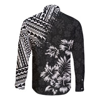 Black long-sleeve button shirt with white floral and geometric print, side view