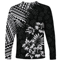 Unisex long sleeve black shirt with white floral palm print and geometric side pattern