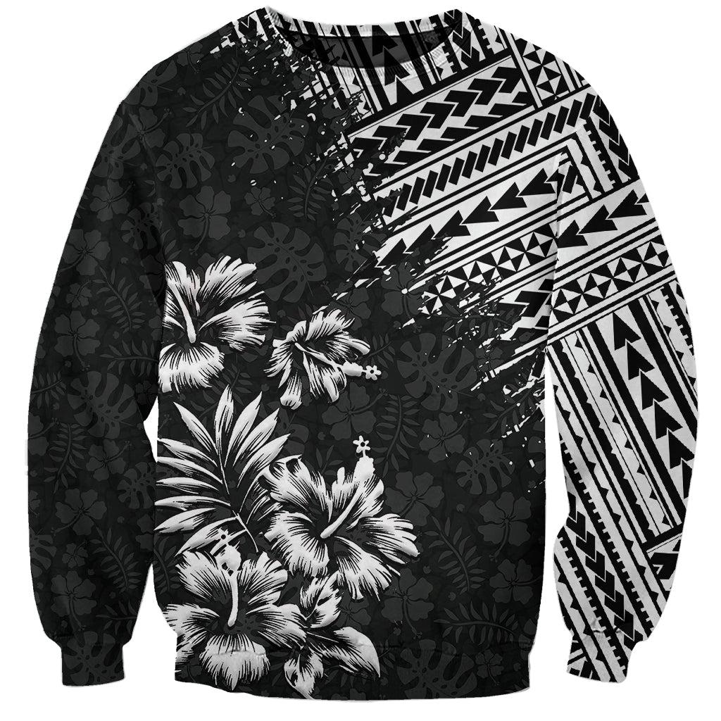 Unisex black sweatshirt with white tribal and hibiscus-style floral print