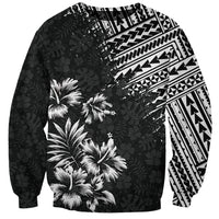Unisex black sweatshirt with white tribal and hibiscus-style floral print