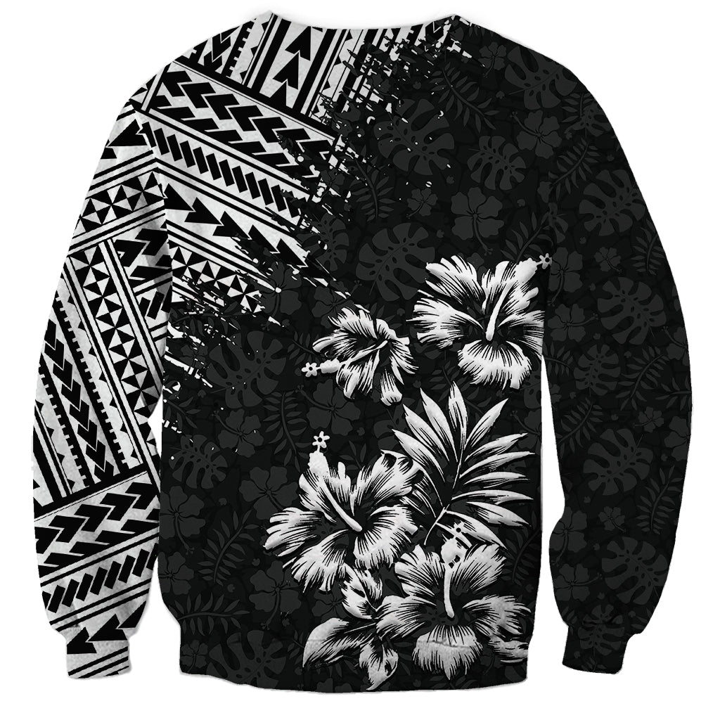 Unisex black sweatshirt with white geometric sleeve panel and floral front print