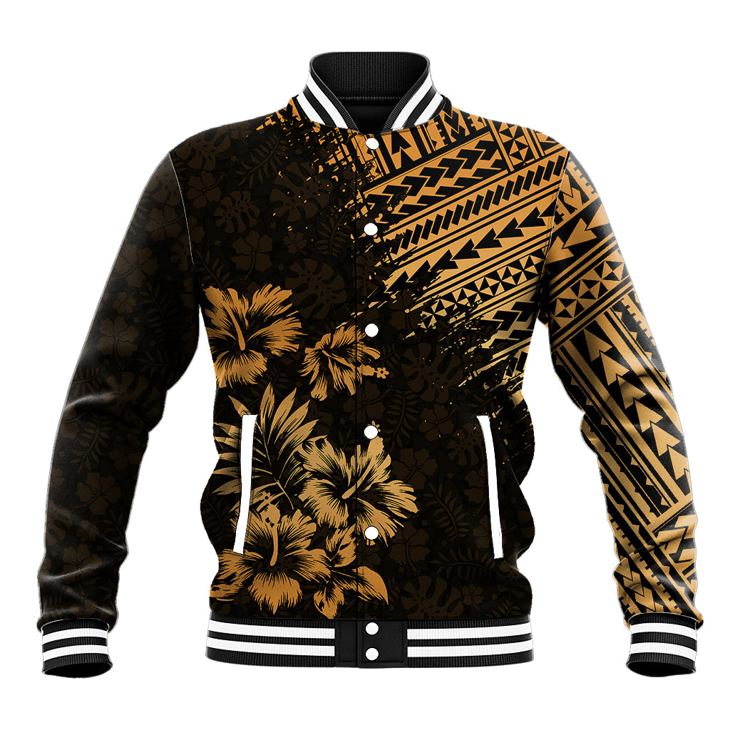 Black and gold Hawaiian baseball jacket with palm floral print, geometric trim, snap buttons