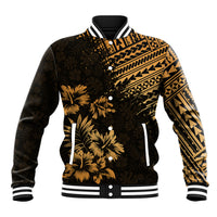 Black and gold Hawaiian baseball jacket with palm floral print, geometric trim, snap buttons
