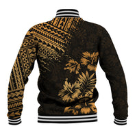 Black and gold baseball jacket with palm and geometric back print, striped rib collar cuffs