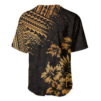 Men's baseball jersey with gold tribal yoke and tropical palm print on dark fabric