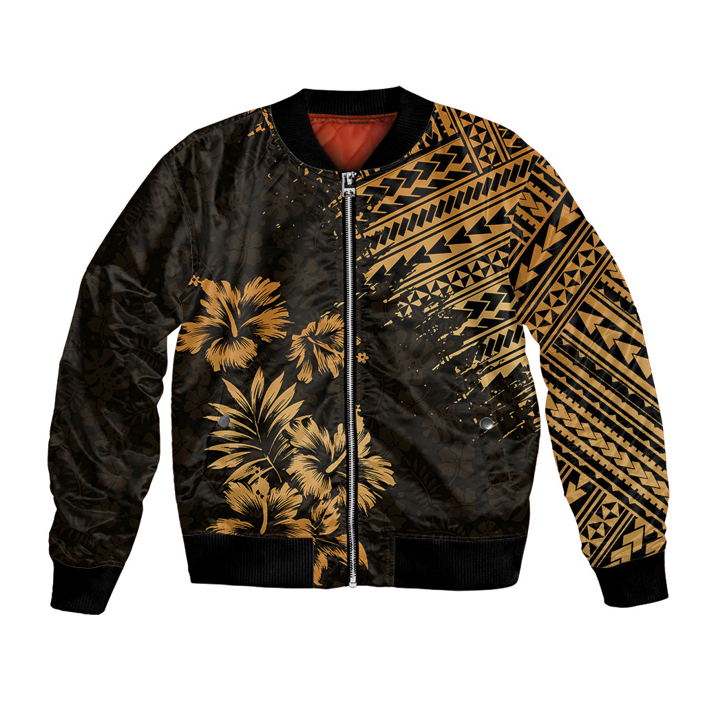 Unisex black bomber jacket with gold tribal sleeve print and palm tree front graphic