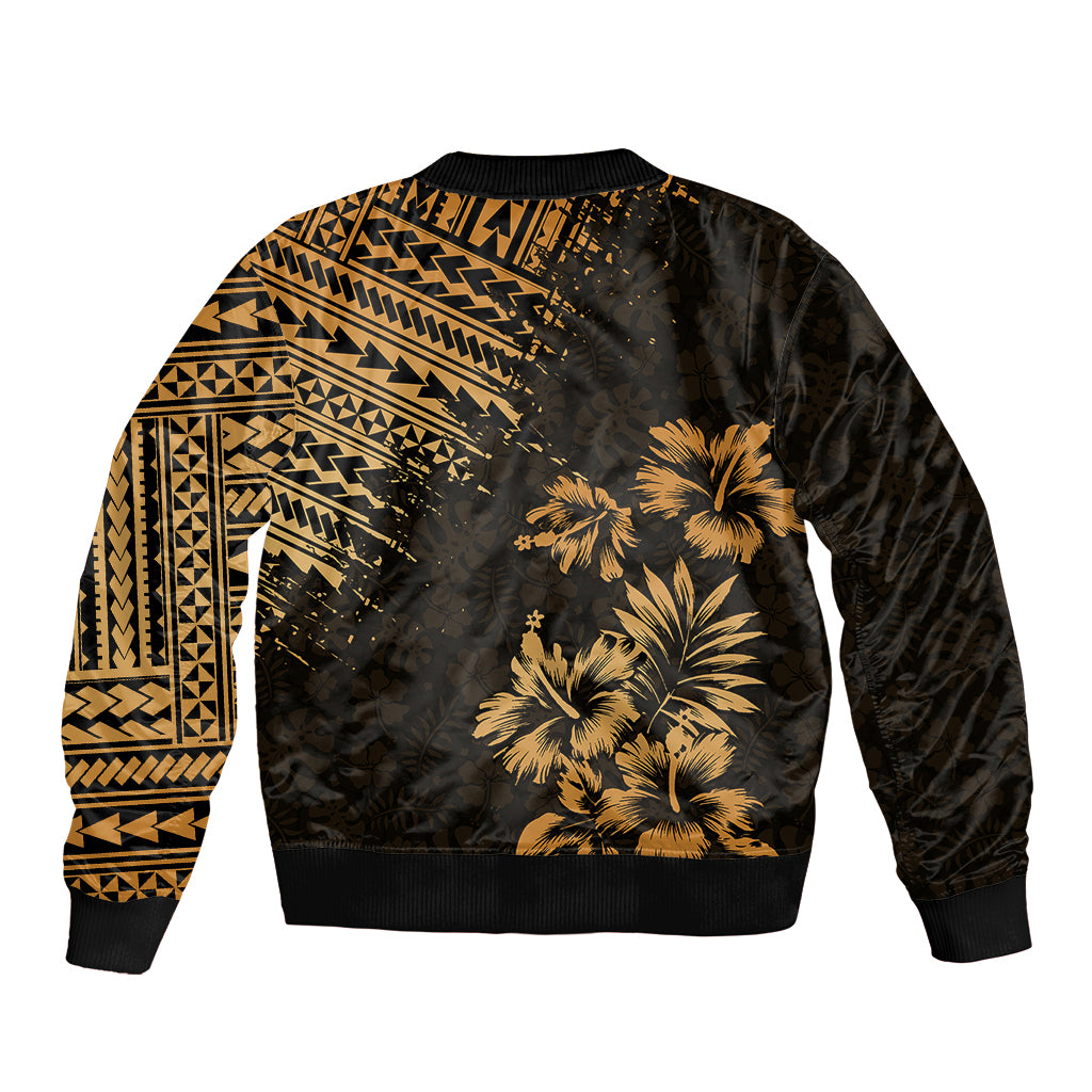Unisex black bomber jacket with gold tribal back panel and palm tree graphic