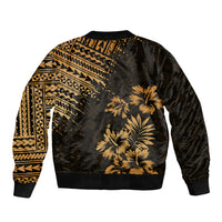 Unisex black bomber jacket with gold tribal back panel and palm tree graphic
