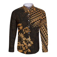 Long-sleeve button shirt, black with gold tribal and palm print, open collar.