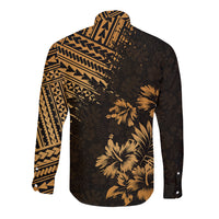 Long-sleeve button shirt, gold tribal panels and palm flowers on black, curved hem.