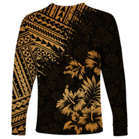 Long-sleeve button-up shirt, black with gold palm florals and tribal geometric motifs