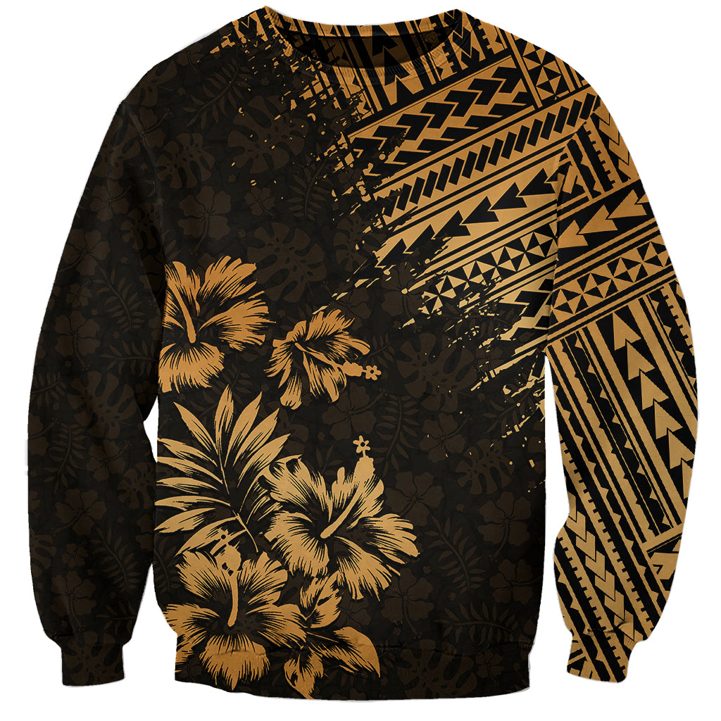 Unisex dark sweatshirt with gold palm trees and geometric Polynesian pattern
