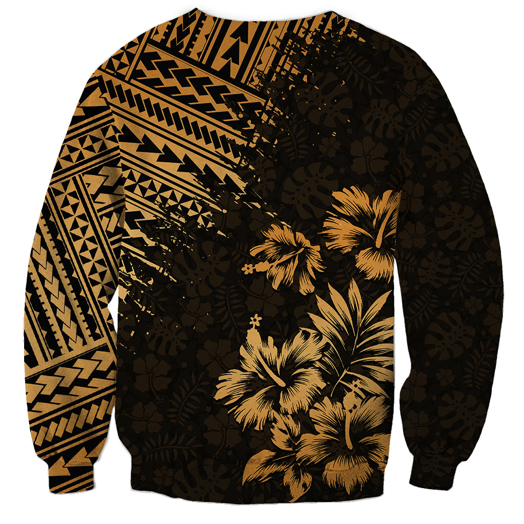 Unisex dark sweatshirt with gold palms centered and Polynesian geometric stripes