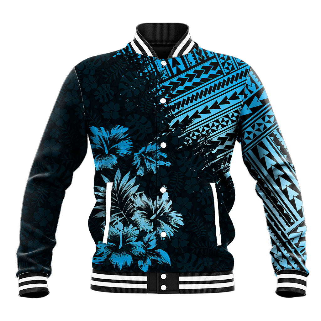 Black and blue tropical baseball jacket with geometric print, snap buttons, ribbed collar