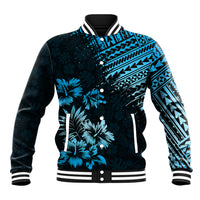 Black and blue tropical baseball jacket with geometric print, snap buttons, ribbed collar