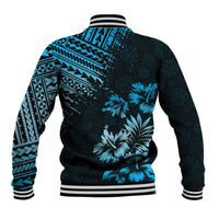 Black and blue tropical baseball jacket back with geometric bands, ribbed cuffs, striped hem