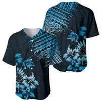 Men's tropical baseball jersey set, front and back angles with blue palm floral print