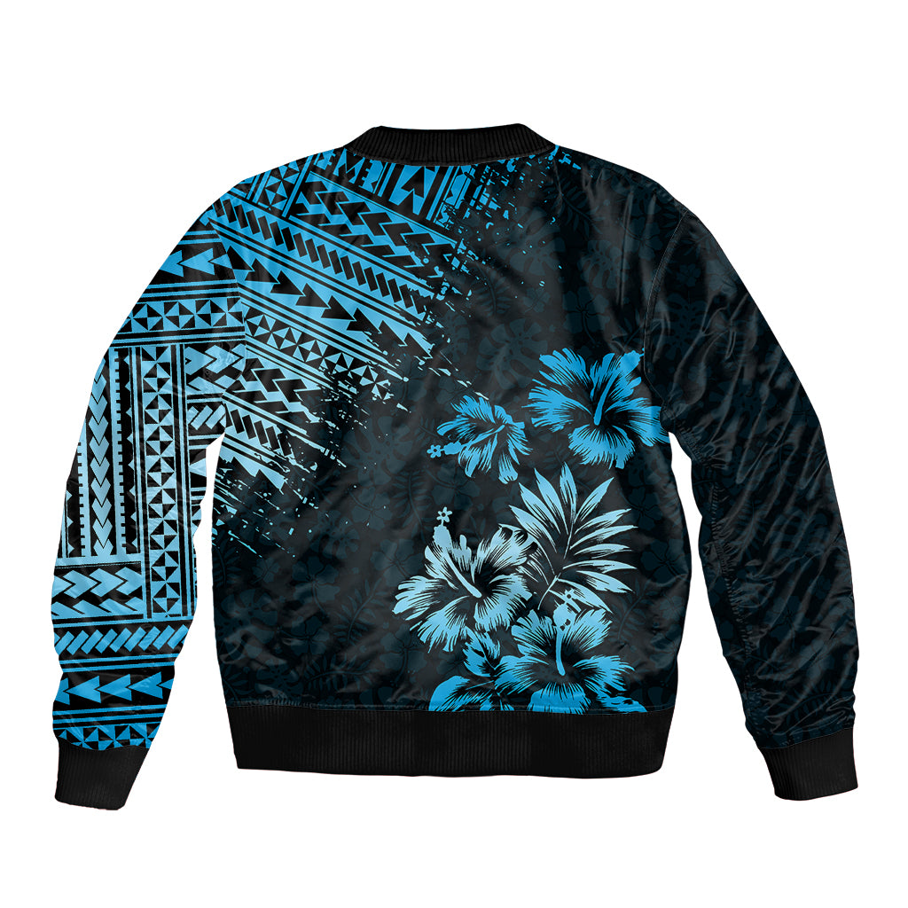 Unisex bomber jacket in black with blue back tribal geometric print and palm flowers.