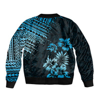 Unisex bomber jacket in black with blue back tribal geometric print and palm flowers.