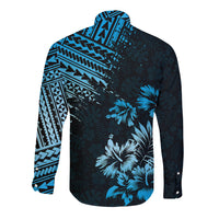 Long-sleeve button shirt, back view, blue tribal and palm print on dark fabric