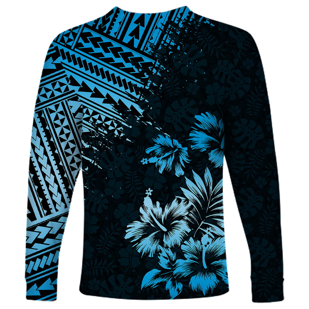 Unisex long-sleeve Hawaiian shirt, black with blue tropical flowers and leaf prints